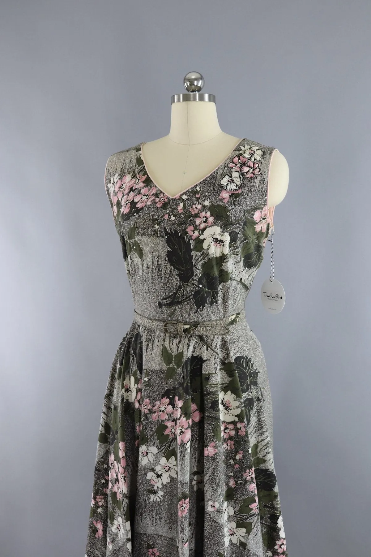 Vintage 1950s Cotton Sundress Olive Green & Pink Floral Print