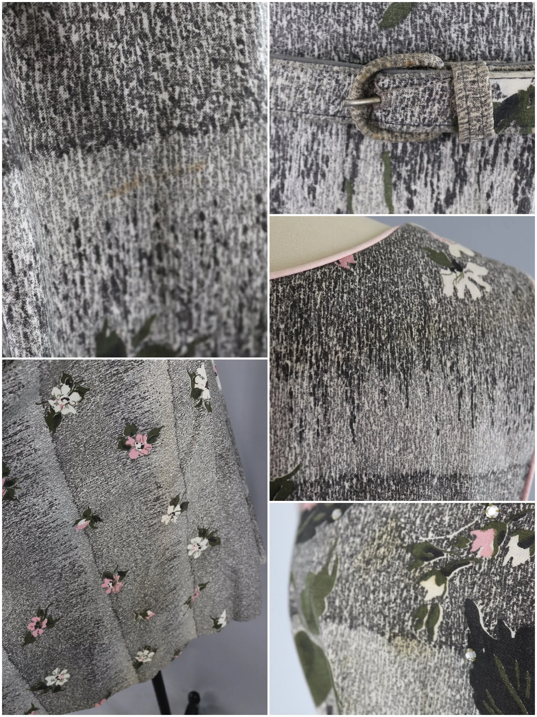 Vintage 1950s Cotton Sundress Olive Green & Pink Floral Print