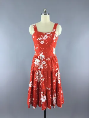 Vintage 1970s Dress / Red Floral Print