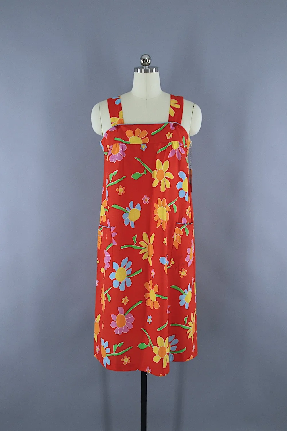 Vintage 1980s Sundress / Red Floral Print