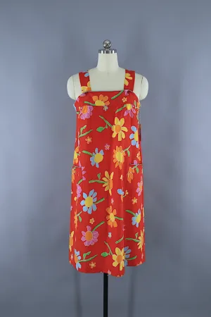 Vintage 1980s Sundress / Red Floral Print
