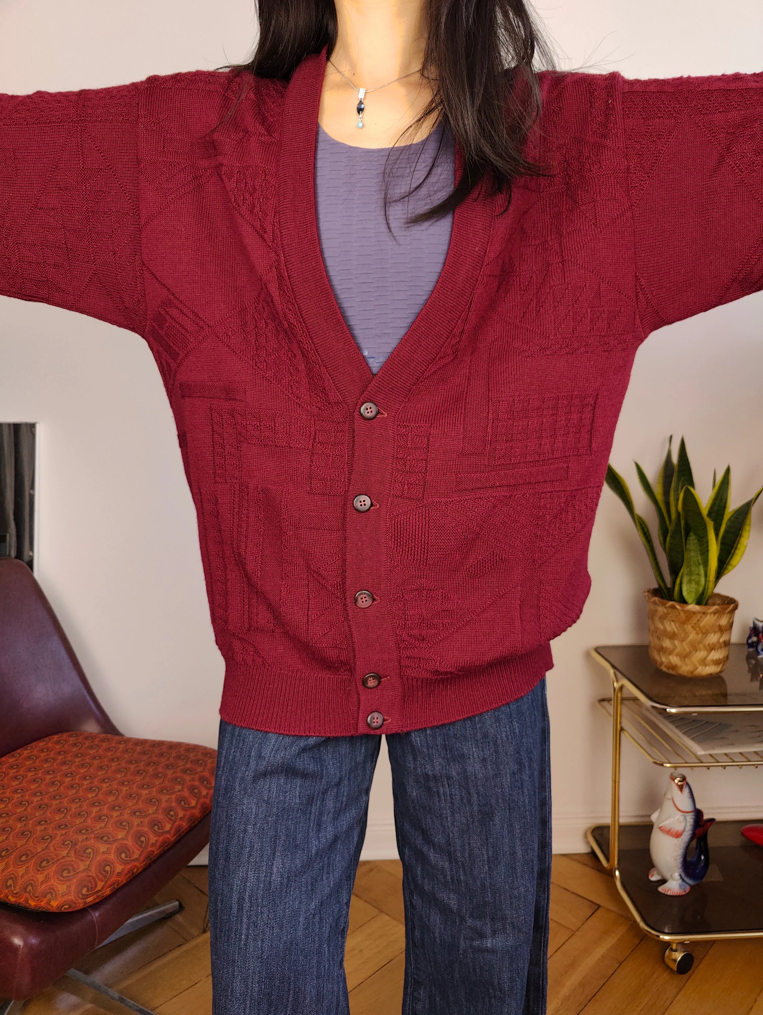 Vintage wool blend cardigan burgundy red knit knitted jacket L