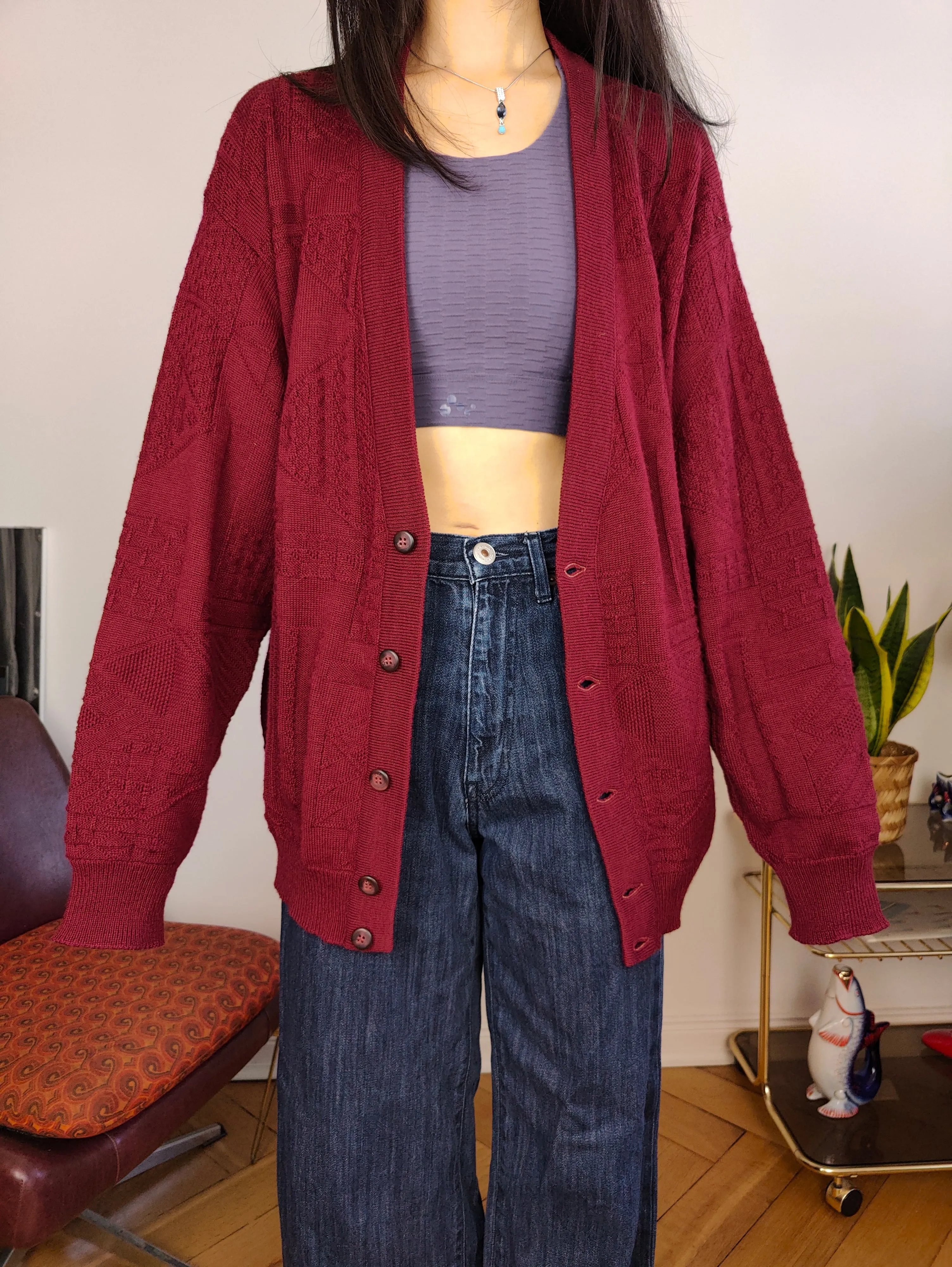 Vintage wool blend cardigan burgundy red knit knitted jacket L