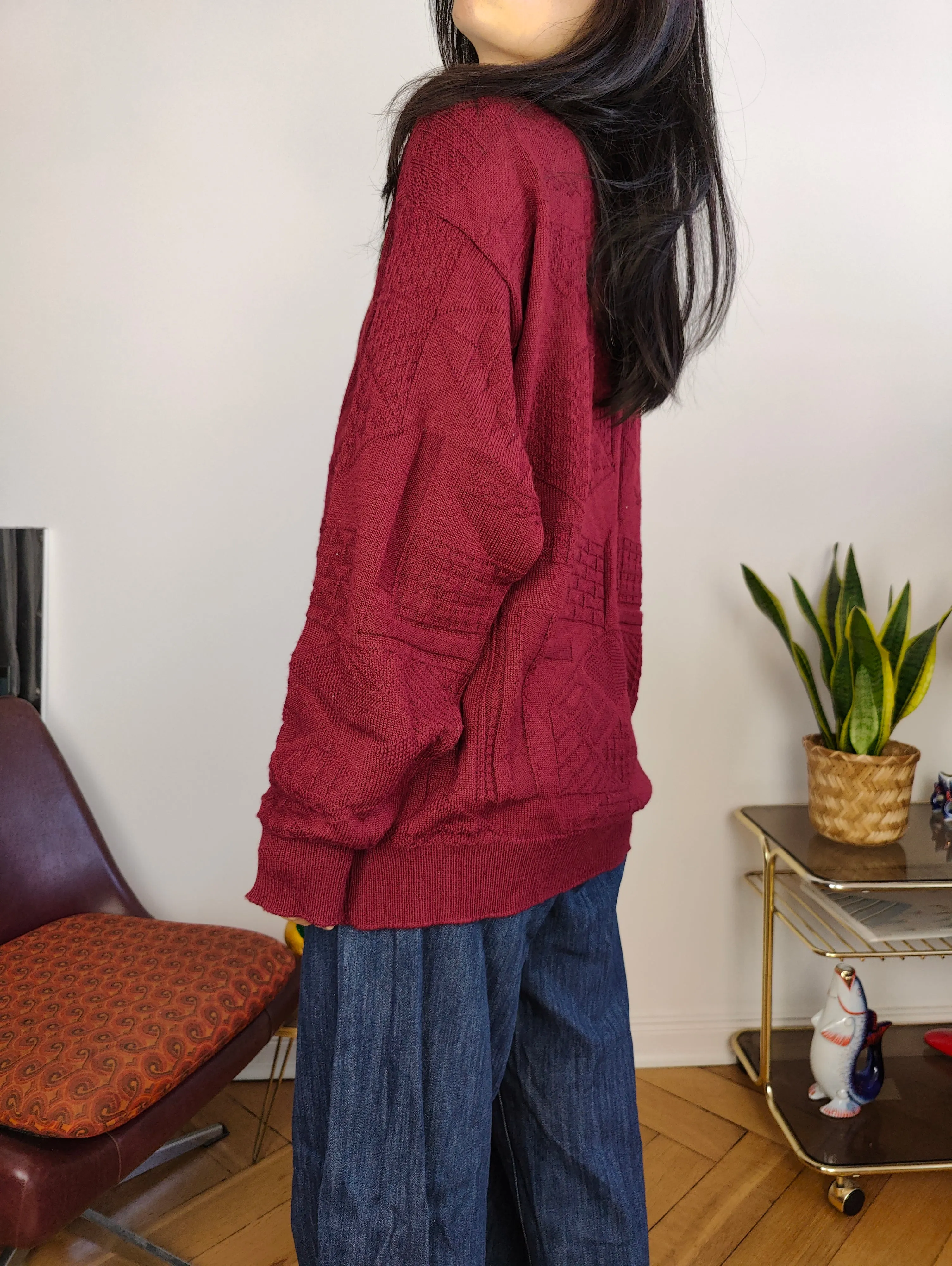 Vintage wool blend cardigan burgundy red knit knitted jacket L