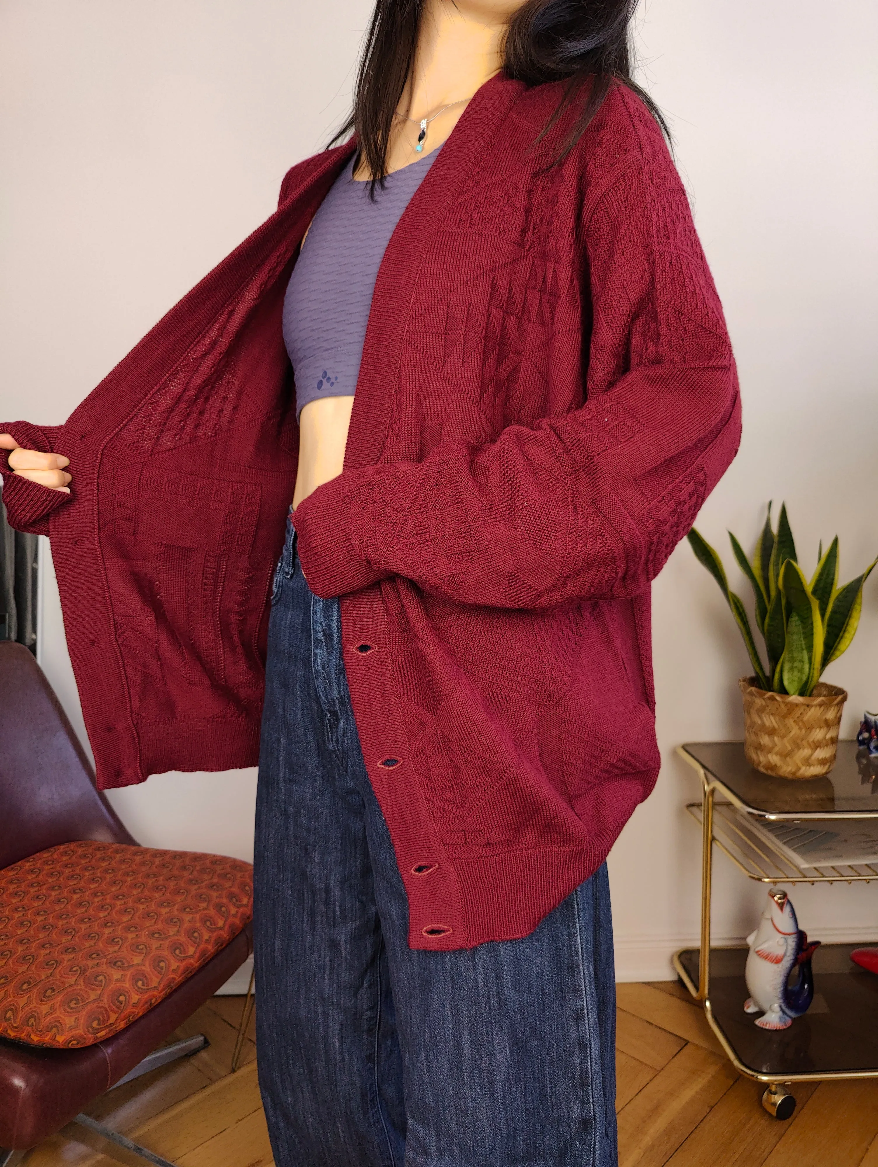 Vintage wool blend cardigan burgundy red knit knitted jacket L