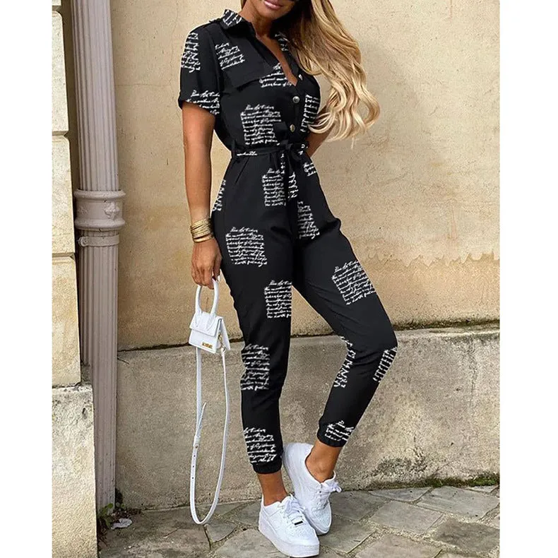 Women Short Sleeve Buttoned Jumpsuit Casual Wrap Drawstring Waist Romper Long Pants