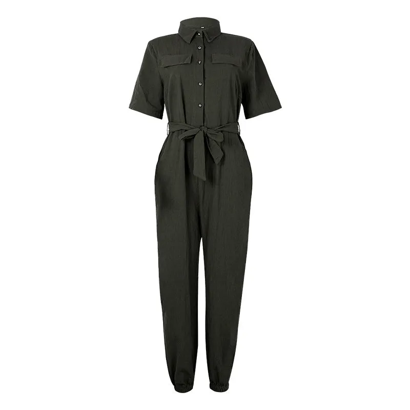 Women Short Sleeve Buttoned Jumpsuit Casual Wrap Drawstring Waist Romper Long Pants