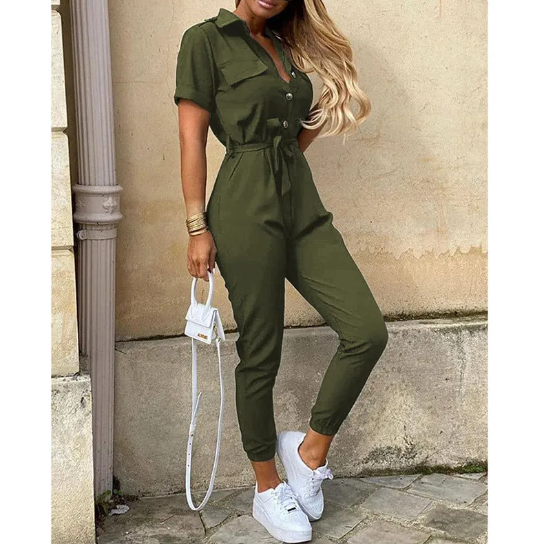 Women Short Sleeve Buttoned Jumpsuit Casual Wrap Drawstring Waist Romper Long Pants