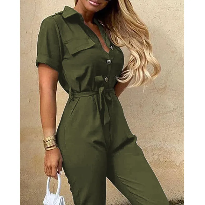Women Short Sleeve Buttoned Jumpsuit Casual Wrap Drawstring Waist Romper Long Pants
