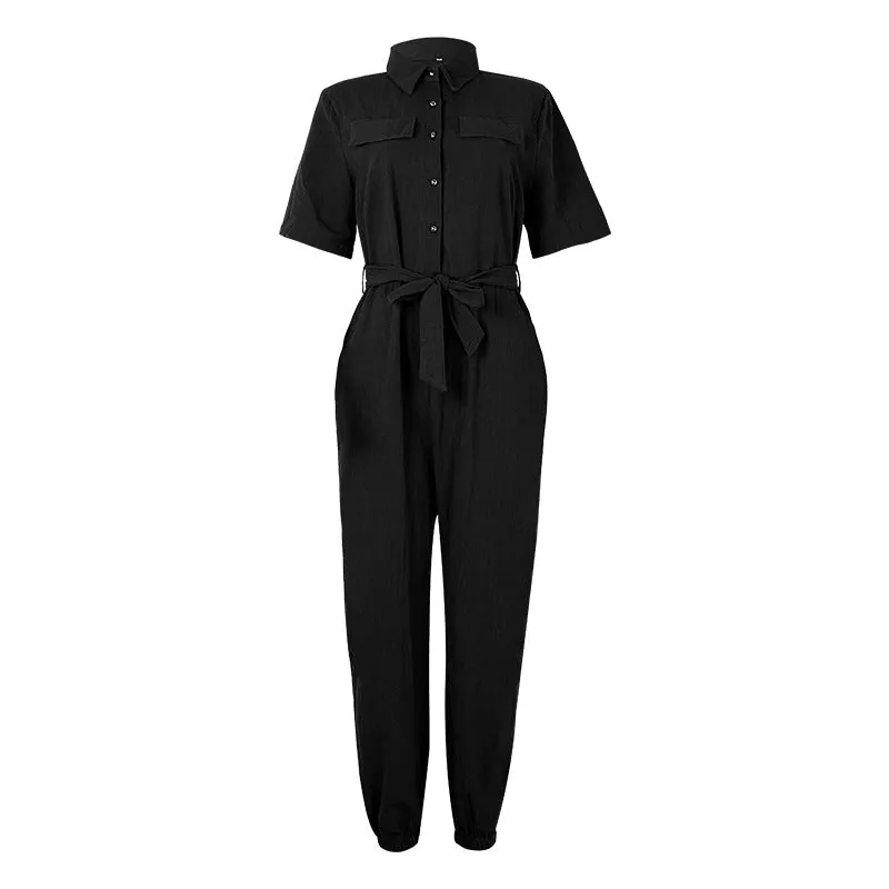 Women Short Sleeve Buttoned Jumpsuit Casual Wrap Drawstring Waist Romper Long Pants