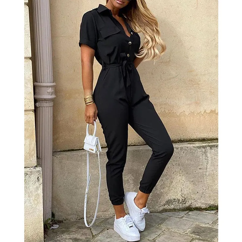 Women Short Sleeve Buttoned Jumpsuit Casual Wrap Drawstring Waist Romper Long Pants