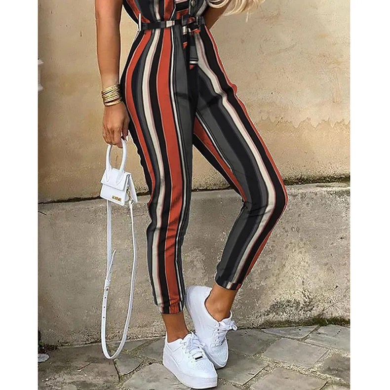 Women Short Sleeve Buttoned Jumpsuit Casual Wrap Drawstring Waist Romper Long Pants