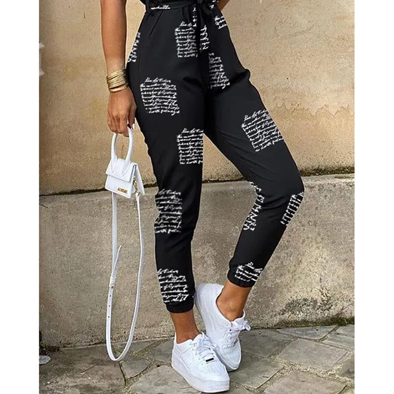 Women Short Sleeve Buttoned Jumpsuit Casual Wrap Drawstring Waist Romper Long Pants