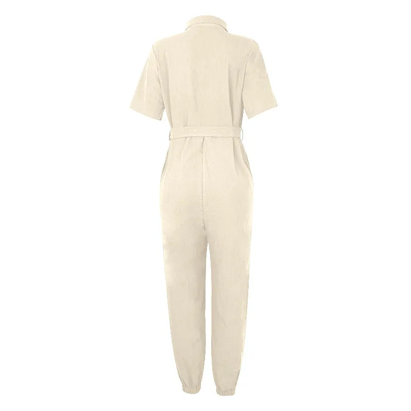Women Short Sleeve Buttoned Jumpsuit Casual Wrap Drawstring Waist Romper Long Pants