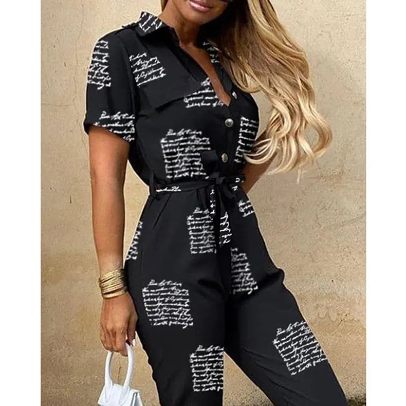 Women Short Sleeve Buttoned Jumpsuit Casual Wrap Drawstring Waist Romper Long Pants