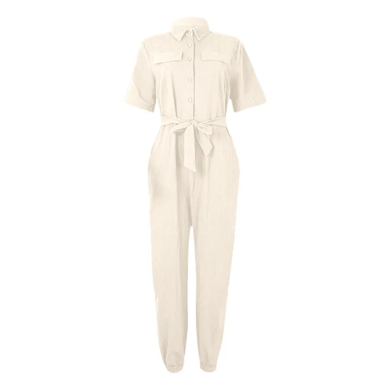 Women Short Sleeve Buttoned Jumpsuit Casual Wrap Drawstring Waist Romper Long Pants