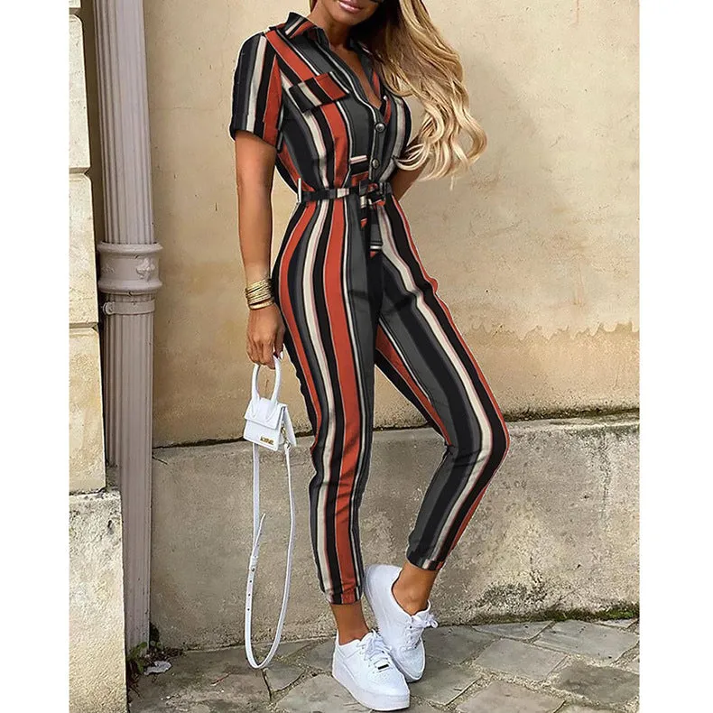Women Short Sleeve Buttoned Jumpsuit Casual Wrap Drawstring Waist Romper Long Pants