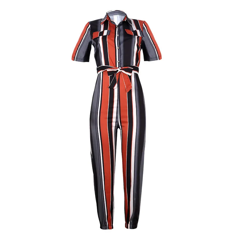 Women Short Sleeve Buttoned Jumpsuit Casual Wrap Drawstring Waist Romper Long Pants