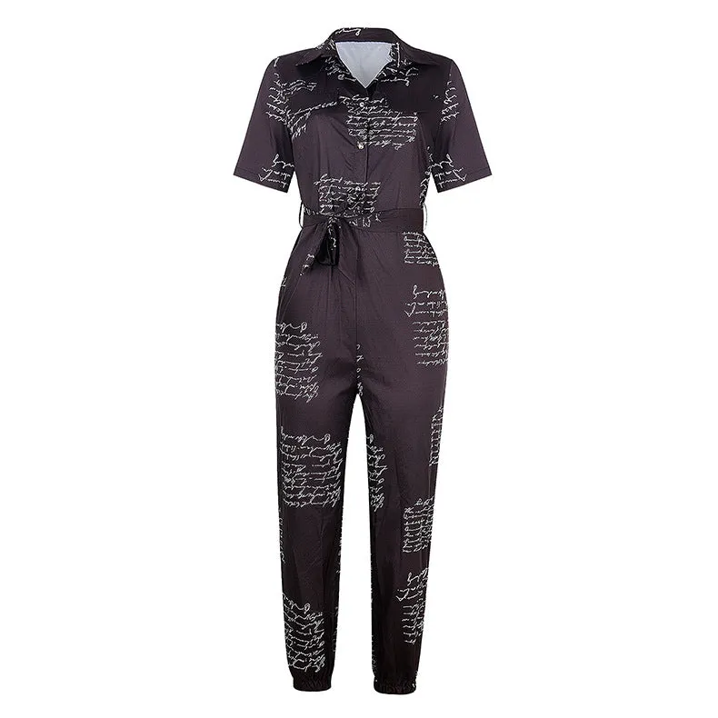 Women Short Sleeve Buttoned Jumpsuit Casual Wrap Drawstring Waist Romper Long Pants