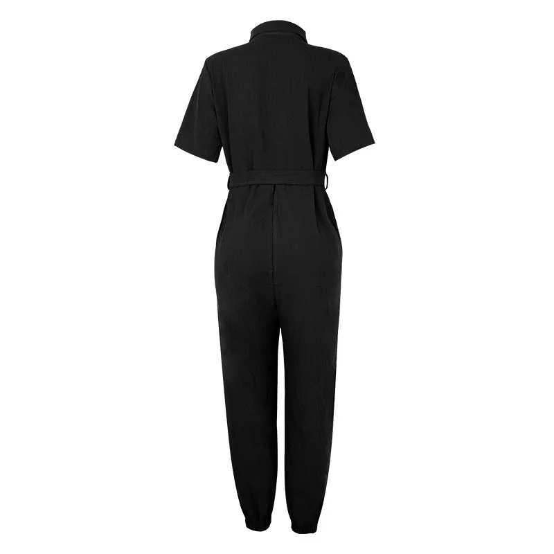 Women Short Sleeve Buttoned Jumpsuit Casual Wrap Drawstring Waist Romper Long Pants