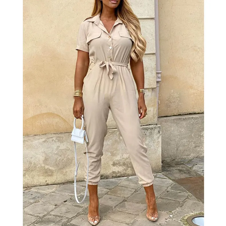 Women Short Sleeve Buttoned Jumpsuit Casual Wrap Drawstring Waist Romper Long Pants