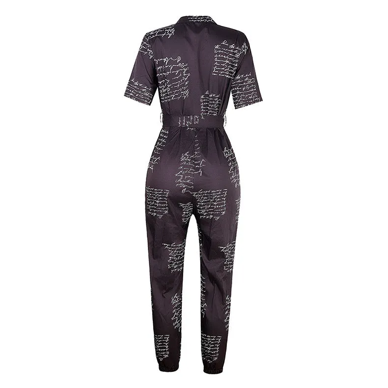 Women Short Sleeve Buttoned Jumpsuit Casual Wrap Drawstring Waist Romper Long Pants