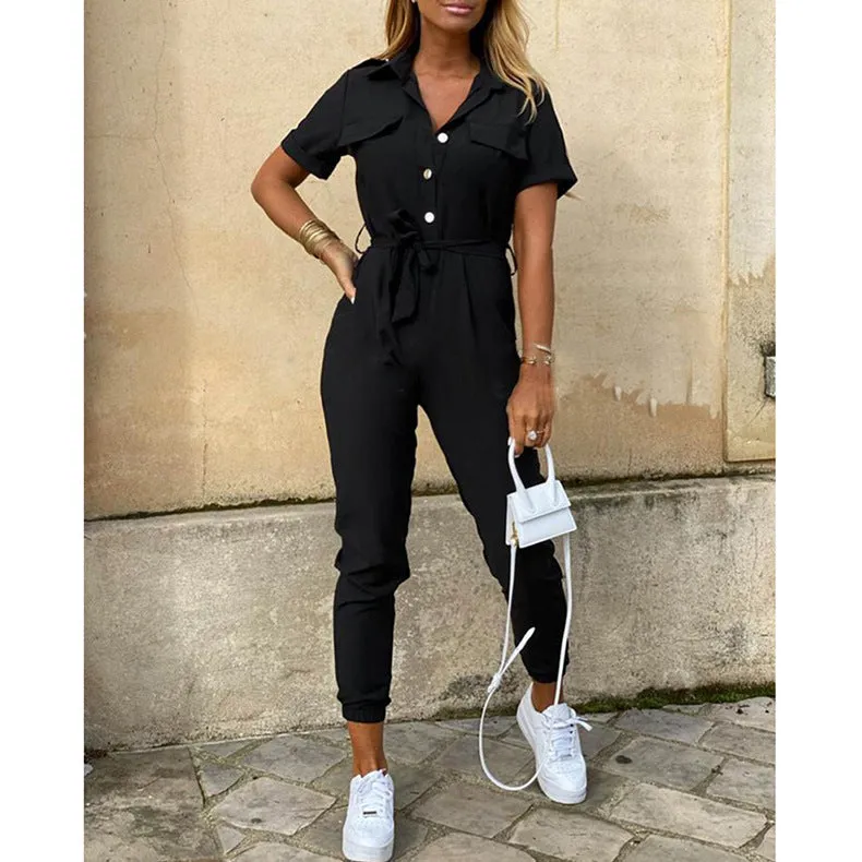 Women Short Sleeve Buttoned Jumpsuit Casual Wrap Drawstring Waist Romper Long Pants