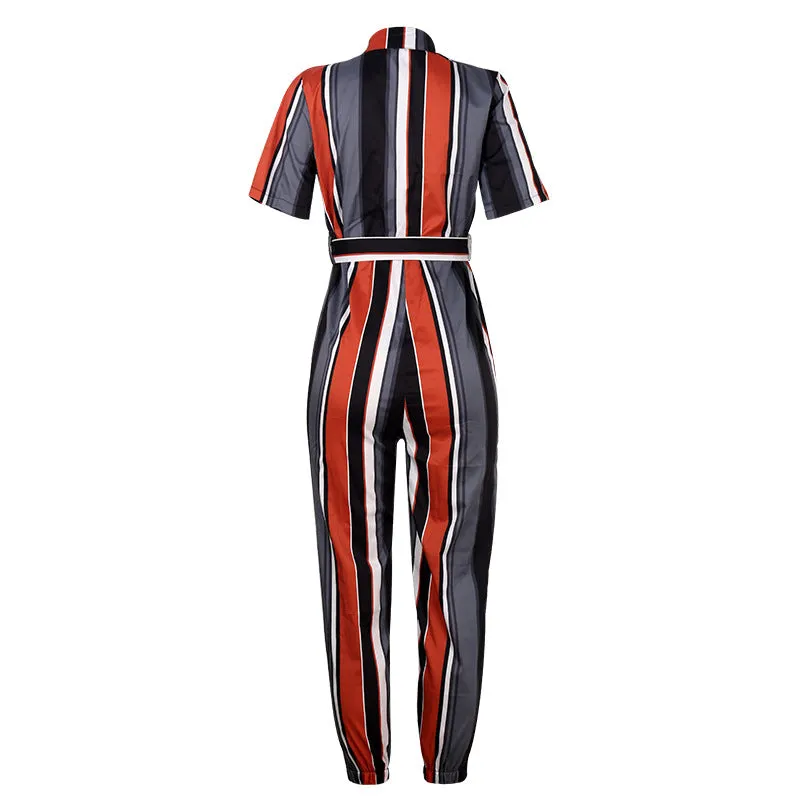 Women Short Sleeve Buttoned Jumpsuit Casual Wrap Drawstring Waist Romper Long Pants