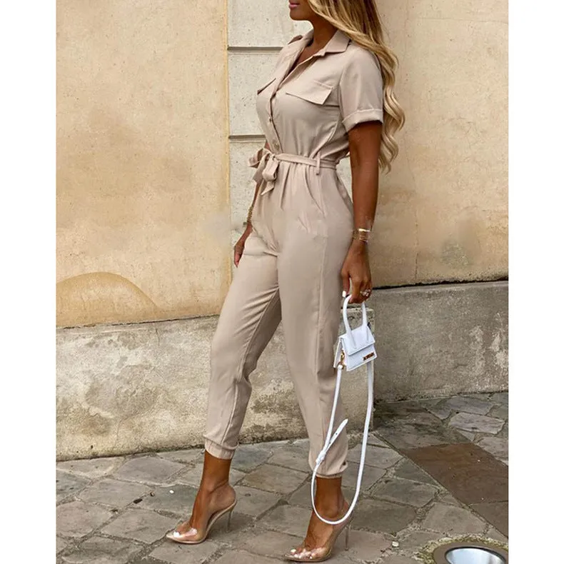 Women Short Sleeve Buttoned Jumpsuit Casual Wrap Drawstring Waist Romper Long Pants