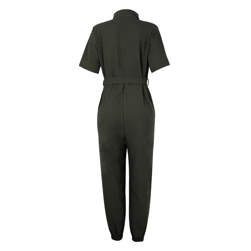Women Short Sleeve Buttoned Jumpsuit Casual Wrap Drawstring Waist Romper Long Pants