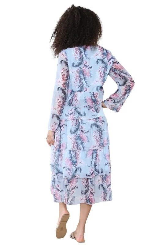 Women's Baby Blue V Neck Leaf Floral Ruffle Pleated Layered Swing Party Long Maxi Dress – Casual Smocked Cocktail Flowy Summer Beach Sundress Party Streetwear Dress