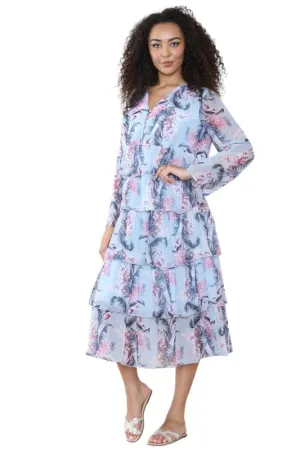 Women's Baby Blue V Neck Leaf Floral Ruffle Pleated Layered Swing Party Long Maxi Dress – Casual Smocked Cocktail Flowy Summer Beach Sundress Party Streetwear Dress
