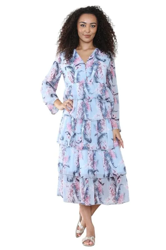 Women's Baby Blue V Neck Leaf Floral Ruffle Pleated Layered Swing Party Long Maxi Dress – Casual Smocked Cocktail Flowy Summer Beach Sundress Party Streetwear Dress