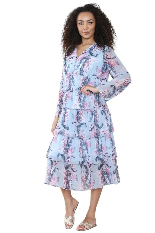 Women's Baby Blue V Neck Leaf Floral Ruffle Pleated Layered Swing Party Long Maxi Dress – Casual Smocked Cocktail Flowy Summer Beach Sundress Party Streetwear Dress