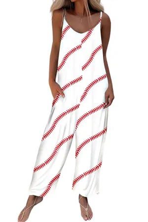 Women's Baseball Print Spaghetti Strap Wide Leg Jumpsuits