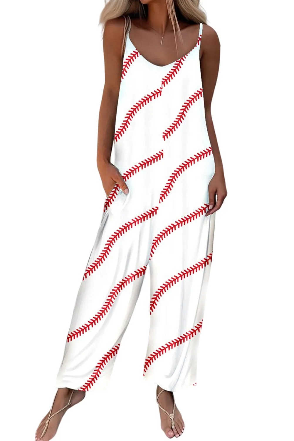 Women's Baseball Print Spaghetti Strap Wide Leg Jumpsuits