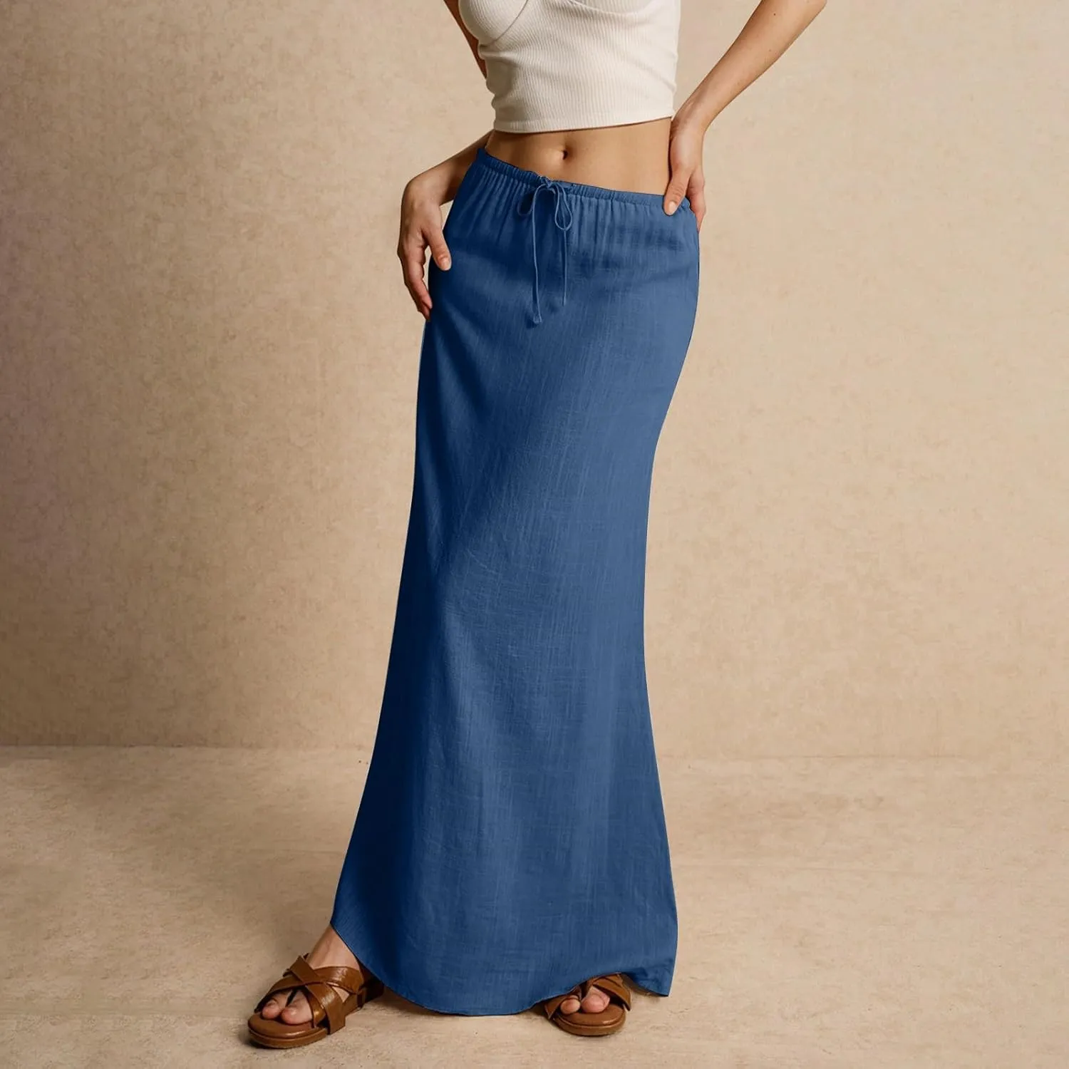 Womens Linen Maxi Skirt Drawstring Low Rise Long Skirts Solid Lightweight Summer Casual Cover Up Beach A Line Skirts