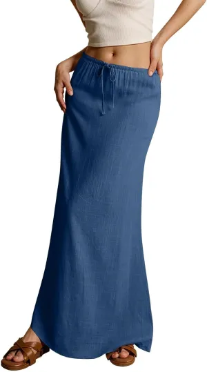 Womens Linen Maxi Skirt Drawstring Low Rise Long Skirts Solid Lightweight Summer Casual Cover Up Beach A Line Skirts