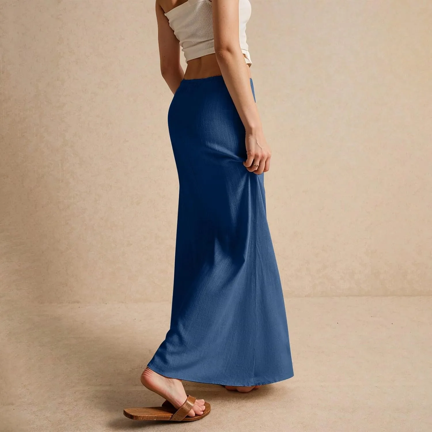 Womens Linen Maxi Skirt Drawstring Low Rise Long Skirts Solid Lightweight Summer Casual Cover Up Beach A Line Skirts