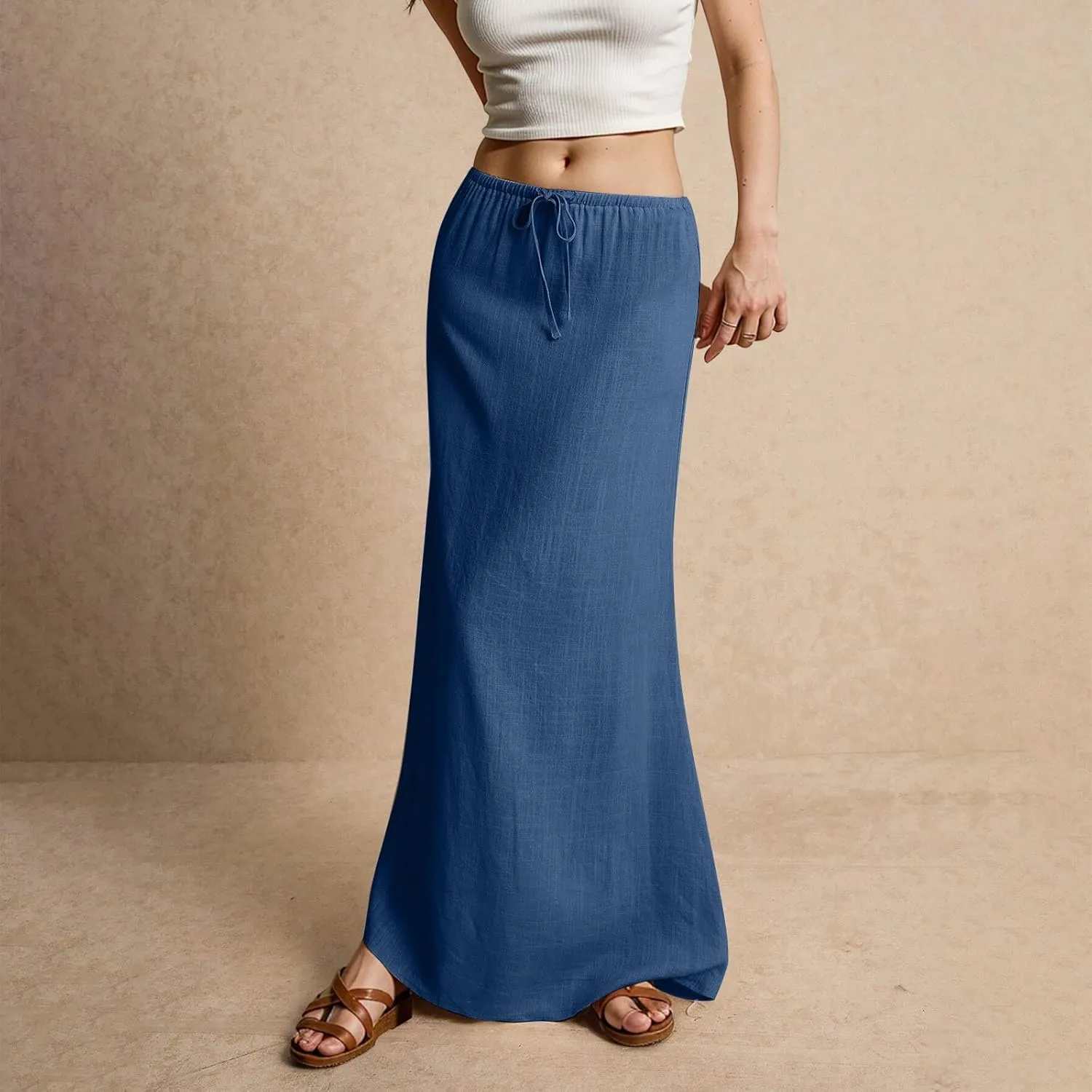 Womens Linen Maxi Skirt Drawstring Low Rise Long Skirts Solid Lightweight Summer Casual Cover Up Beach A Line Skirts