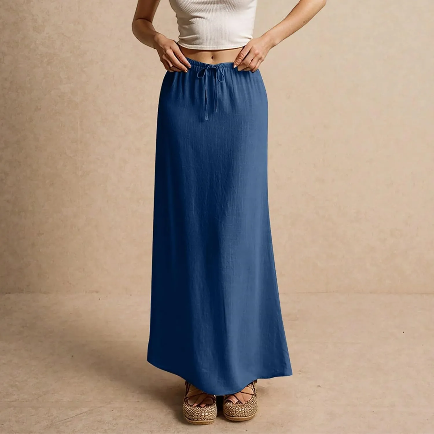 Womens Linen Maxi Skirt Drawstring Low Rise Long Skirts Solid Lightweight Summer Casual Cover Up Beach A Line Skirts