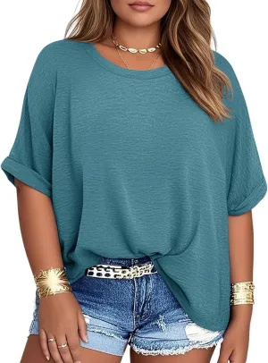 Womens Plus Size Summer Tops Oversized Half Sleeve Crew Neck T Shirts Loose Fit Tee Top Flowy Casual Blouses XL-5XL