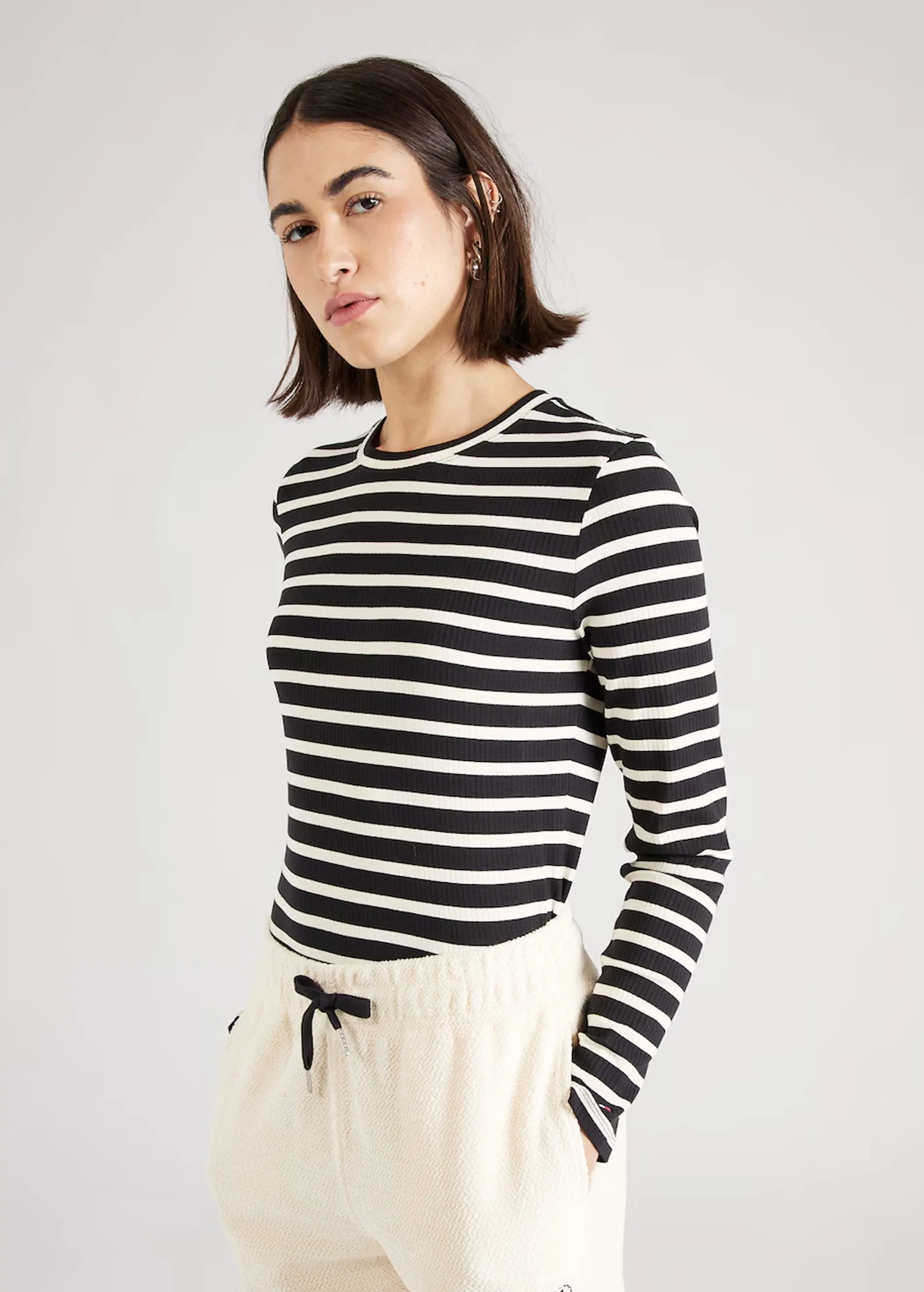 Women's Striped Ribbed Sweater,Black/Cream